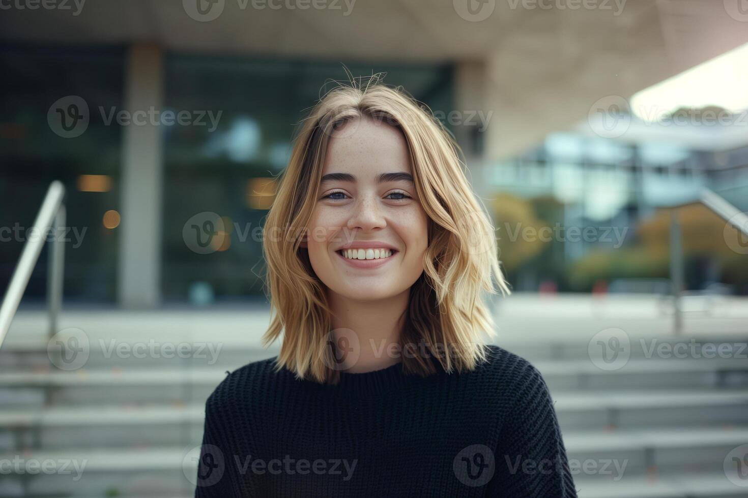 Picture of a intellectual smiling teenage lady student in a black sweater standing at the entrance to a university or collage looking into the camera and laughing. photo