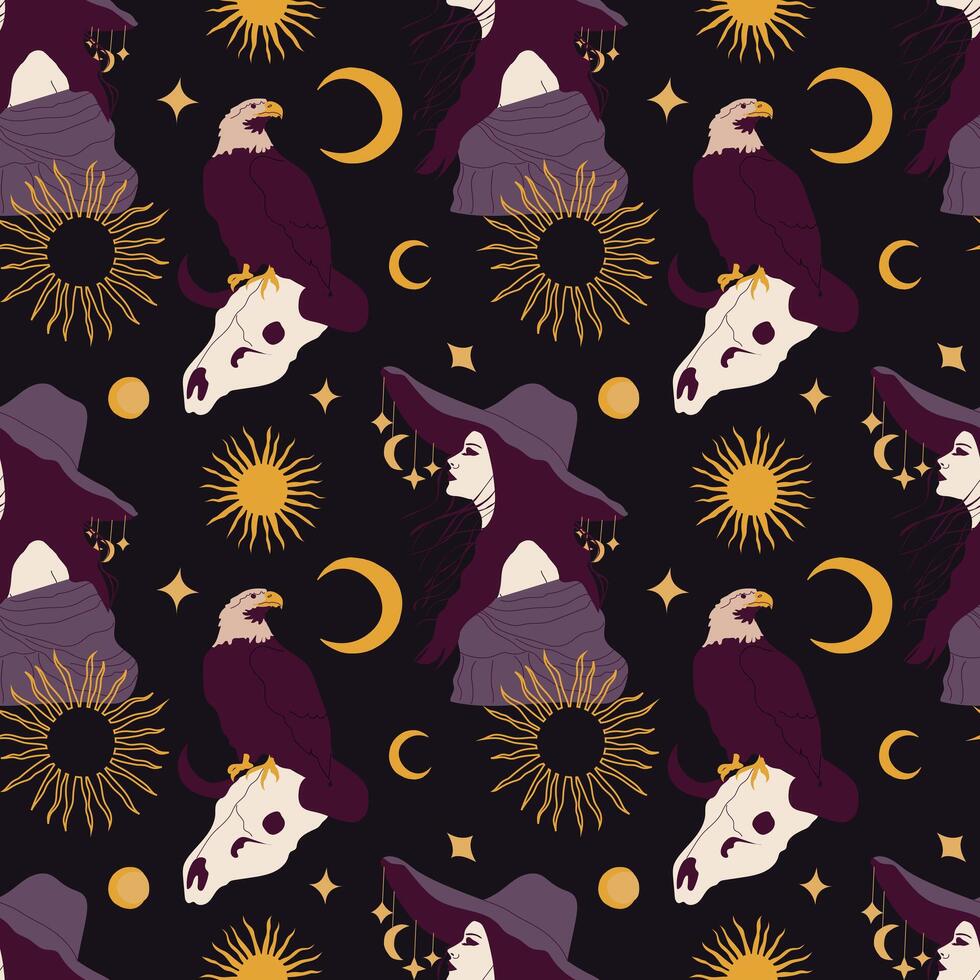 Seamless pattern with hand-drawn elements in boho style. Endless ornament with witch, stars, skull and bird. Mystical wild west background. vector