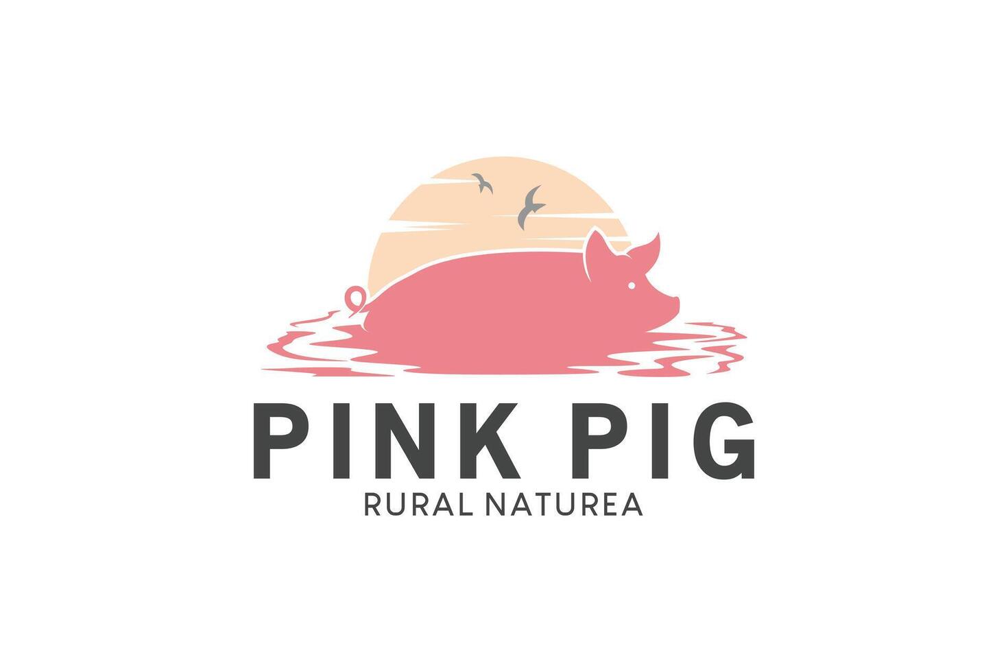 Logo design of a pink pig playing in water or mud on a sun background vector