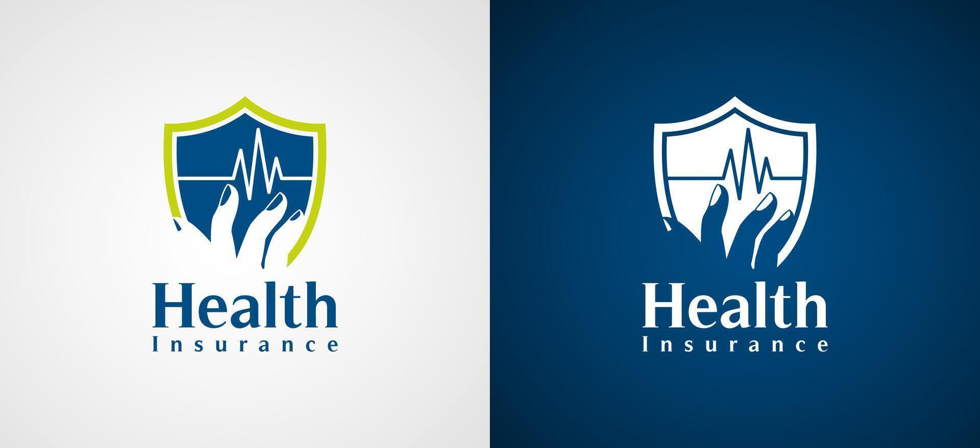 Health insurance shield logo design with heartbeat symbol vector