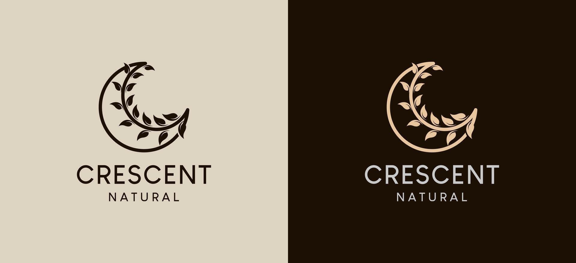 Crescent moon logo design with natural leaf line symbol vector