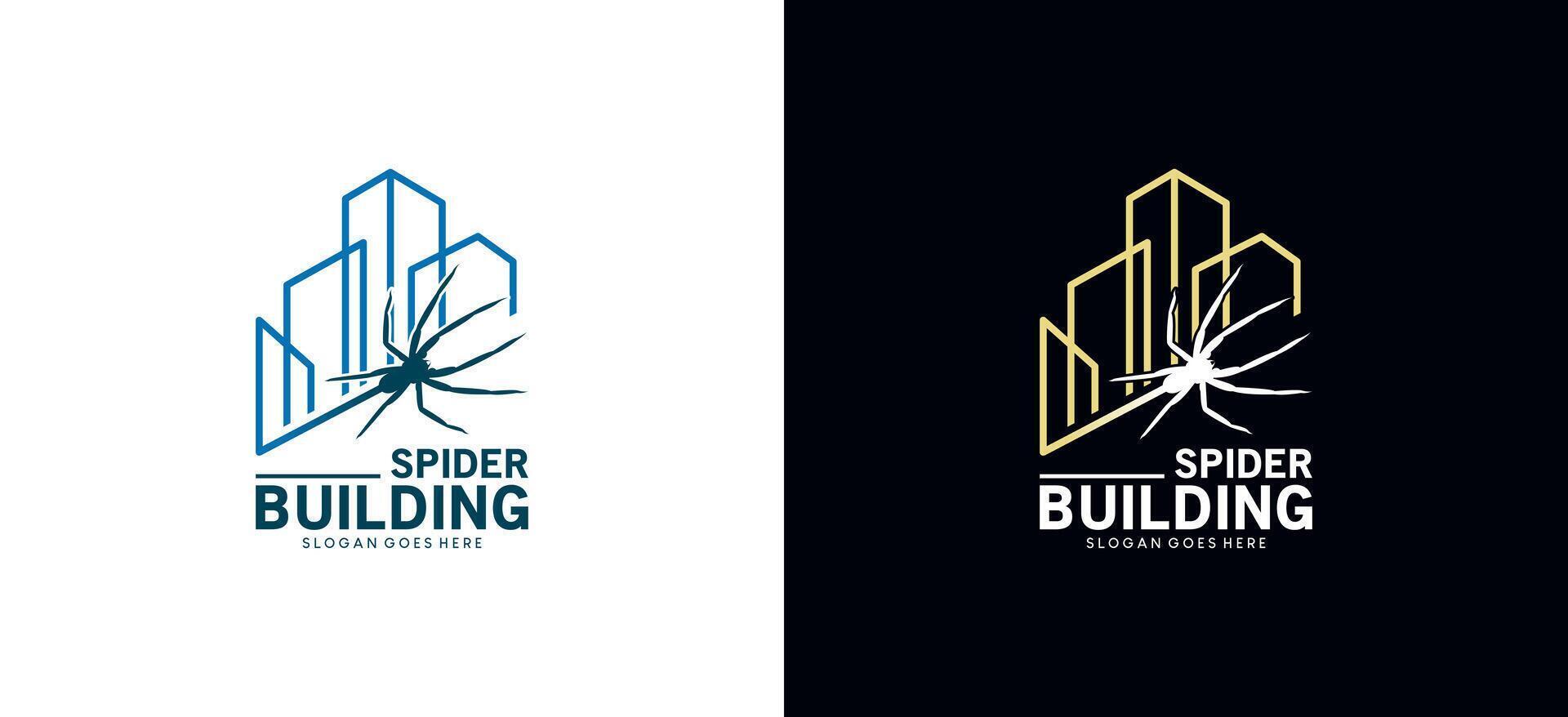 Spider building logo design template, illustration of spider web with building line symbol vector