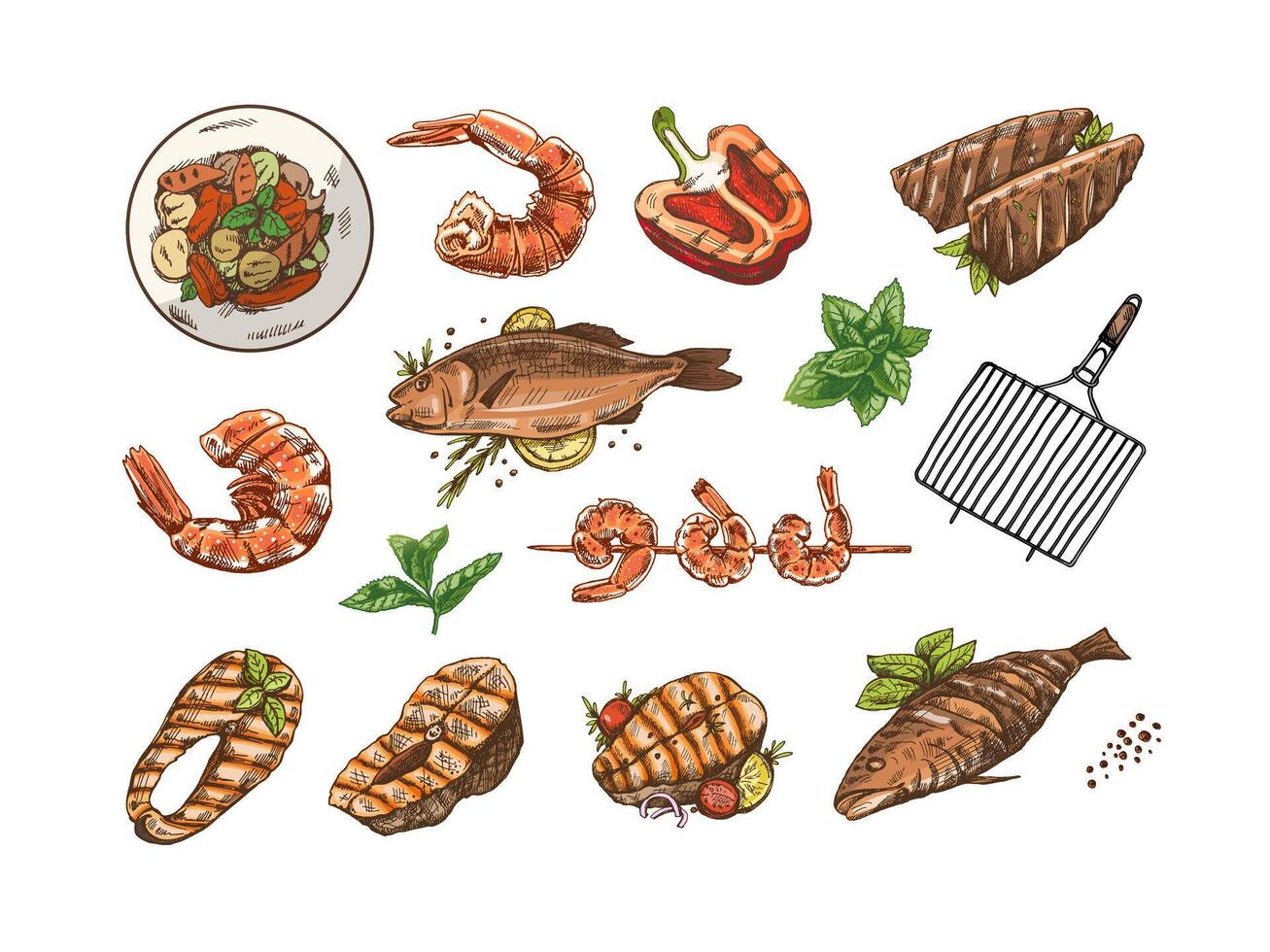 A set of hand-drawn sketches of barbecue fish and pieces of barbecue salmon steaks, shrimps, grilled pepper, barbecue. Doodle vintage illustration. Engraved image. vector
