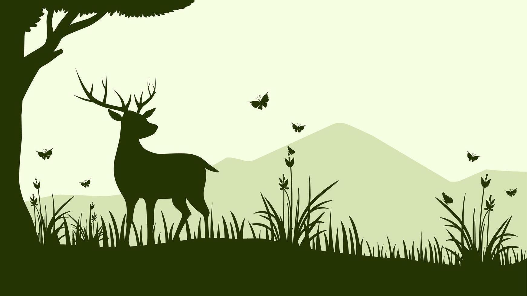 Landscape illustration of silhouette deer at meadow with butterflies vector