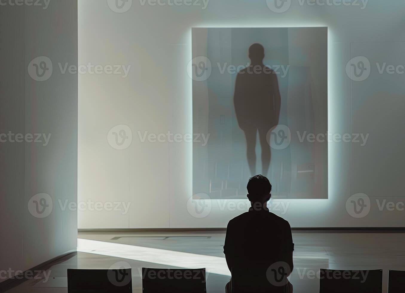 Man in dark room, silhouette standing alone, mysterious light. Business concept, human shadow, photo