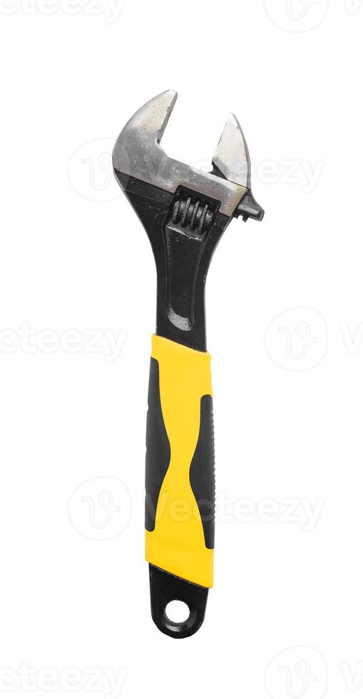 Isolated wrench equipment. Metal tool for industrial work. White object and steel hammer. photo