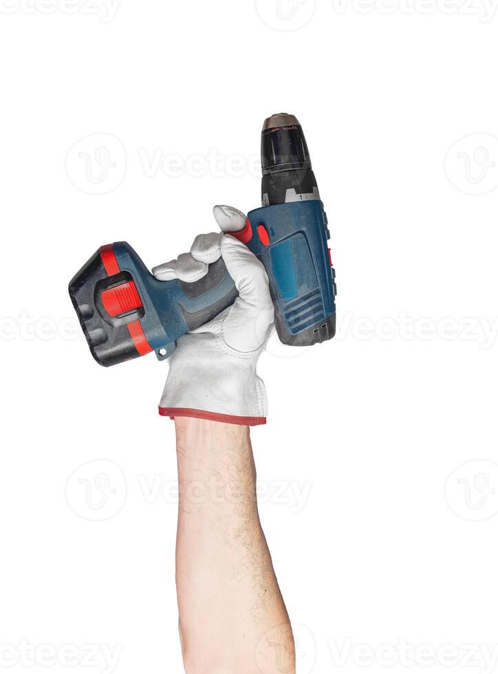 Screwdriver electric drill background. Power machine tool, screw hand cordless battery worker. photo