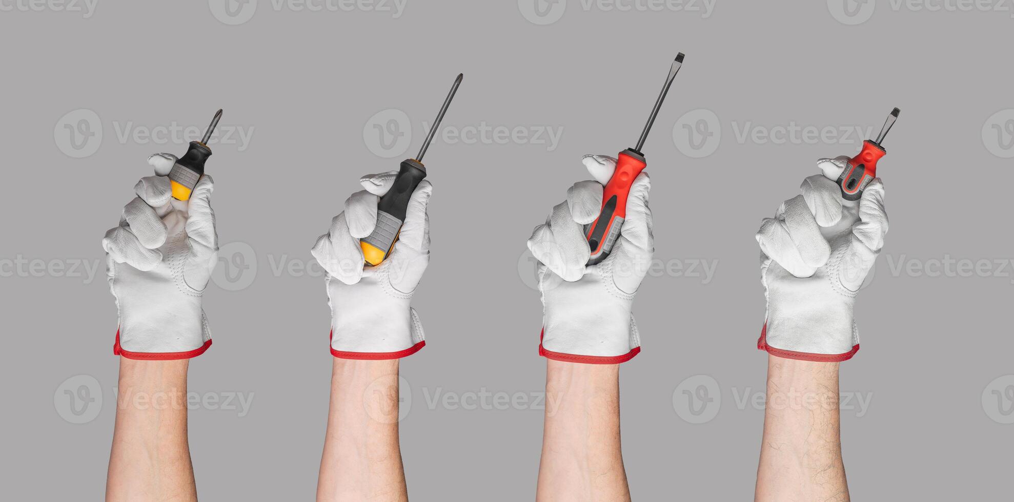 Screwdriver hand tool, screw repair white driver. Hold maintenance mechanic handle. Work worker photo