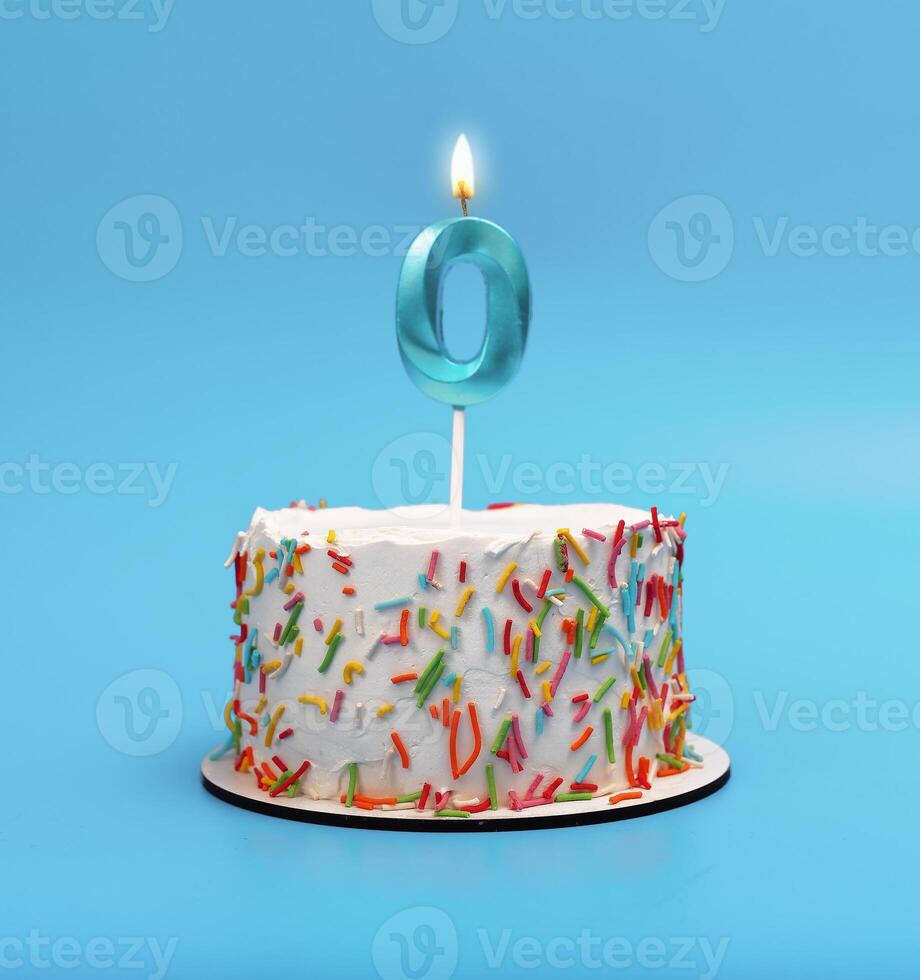 Birthday cake with number 0 candle, celebrate child s birth. Kid party with cake, festive photo