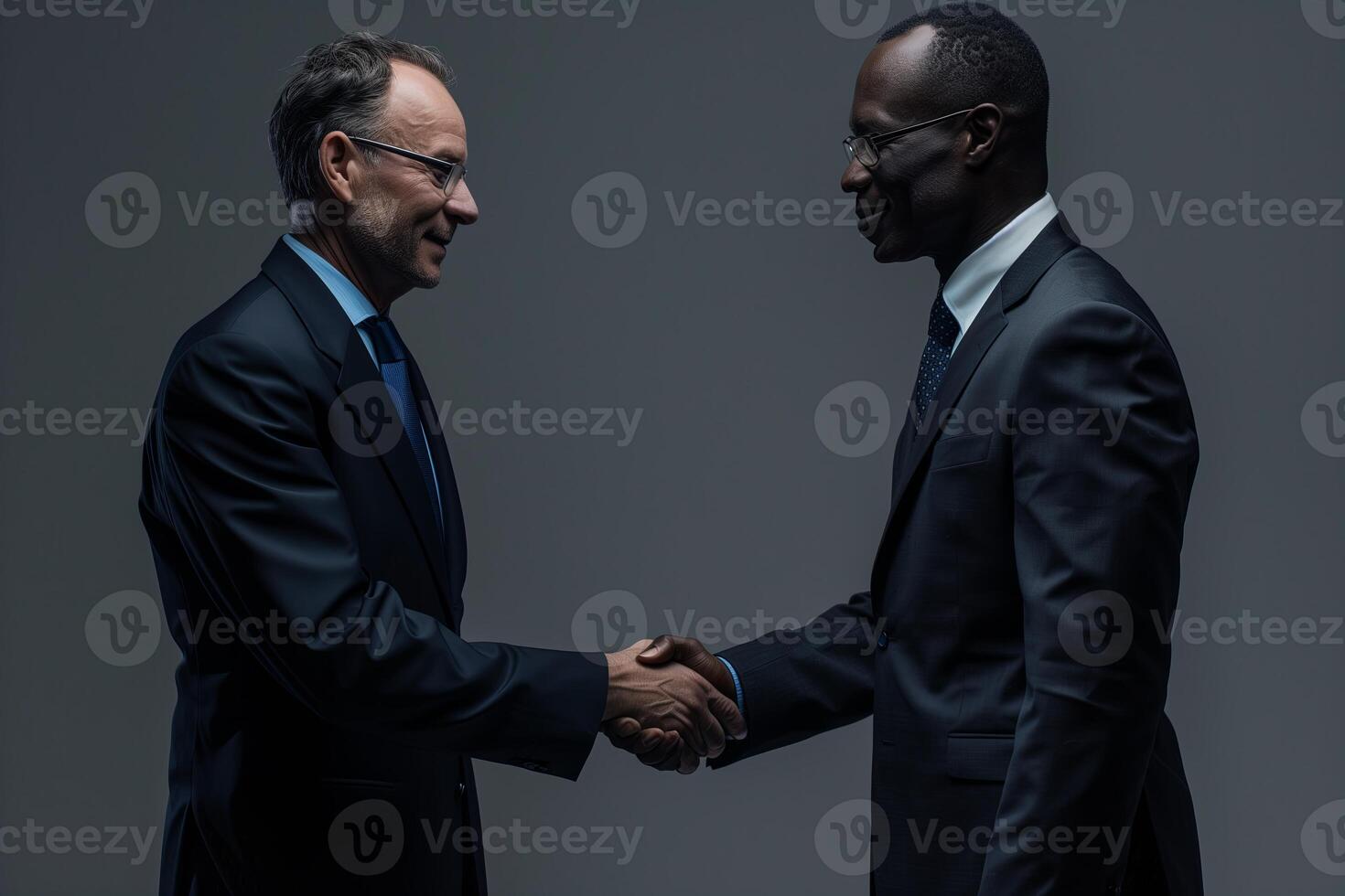 Happy businessmen handshake, diverse partnership in office. Successful corporate agreement, photo