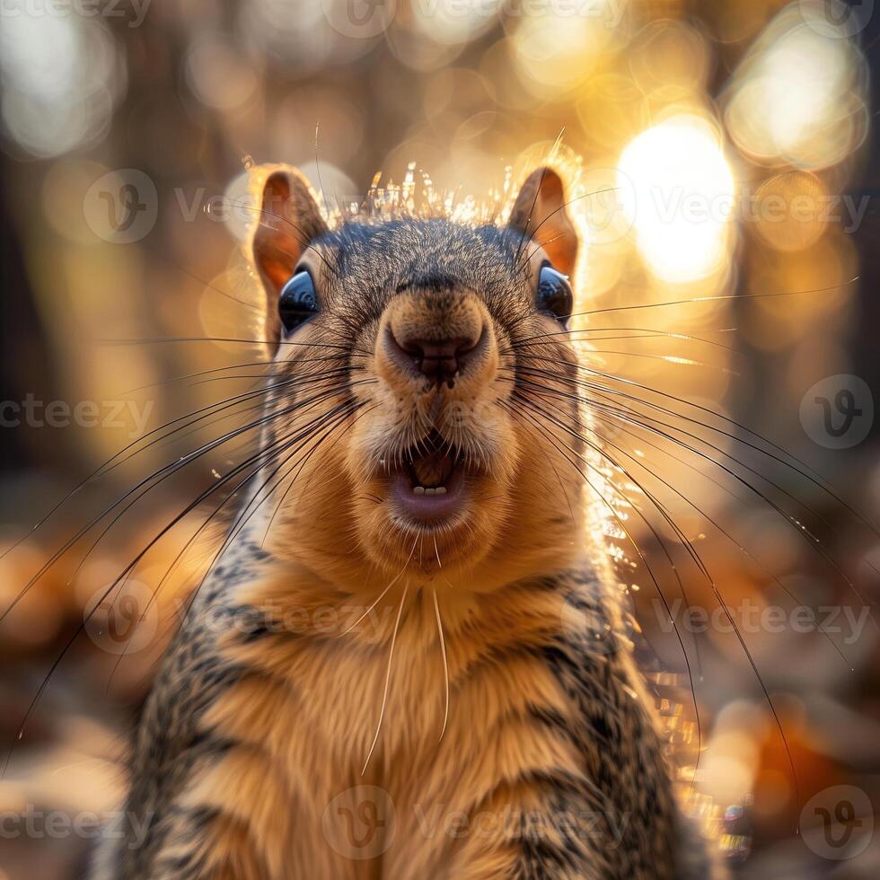 Squirrel in park, fluffy grey tail and soft fur, feeding on nut. Close up portrait of squirrel, photo