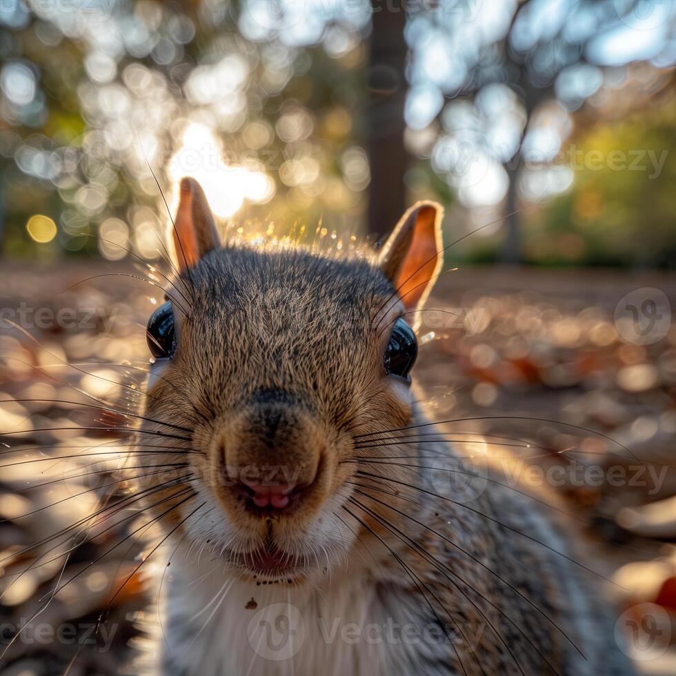 Squirrel eating nut in park, fluffy grey rodent on ground. Close up of squirrel in natural photo