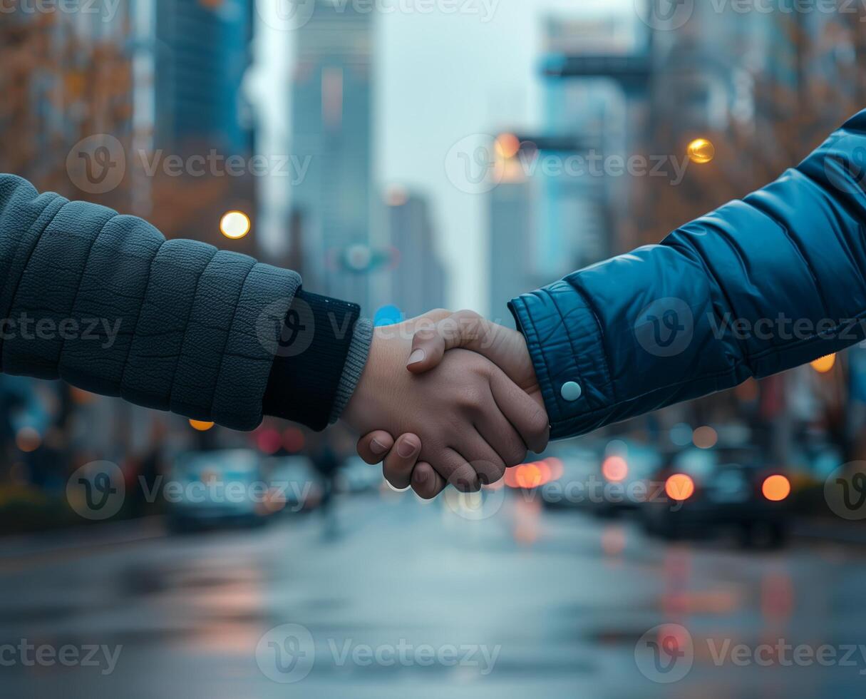A successful handshake between a businessman and a businesswoman, symbolizing teamwork and agreement photo