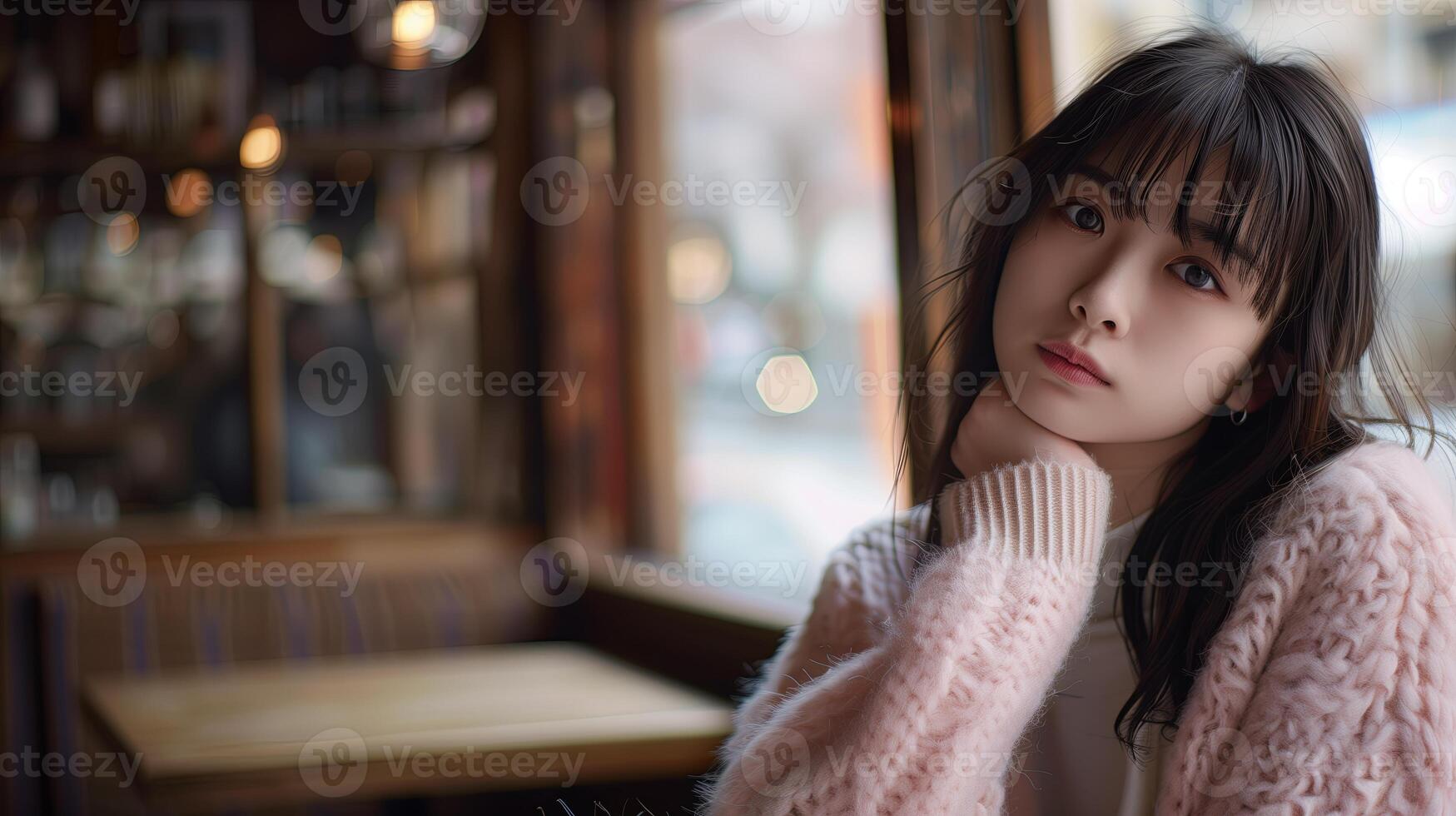 Young Asian female student sitting in cafe, looking positive and thoughtful. Attractive young lady, photo