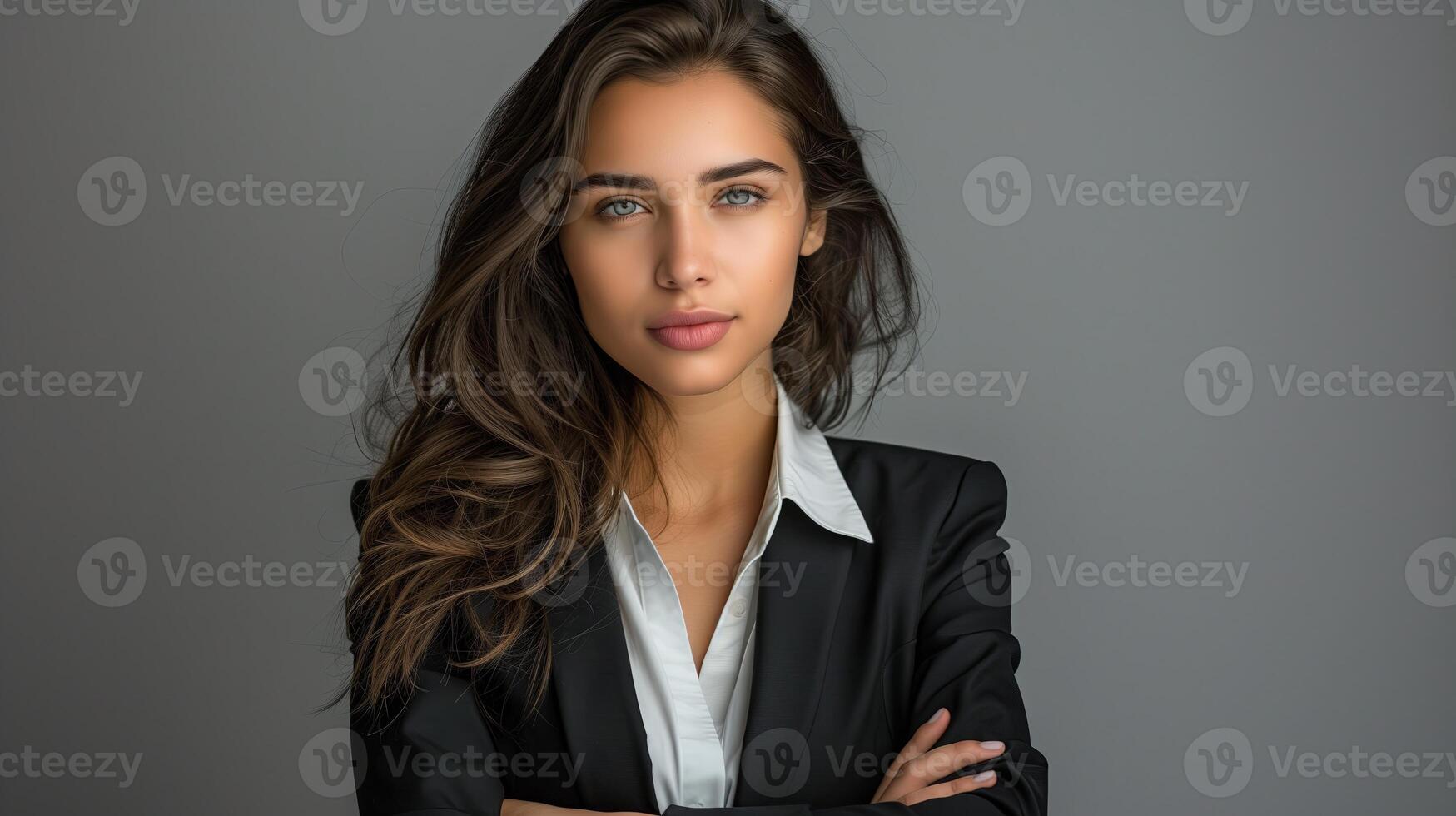 modern businesswoman displaying confidence, gray studio background photo
