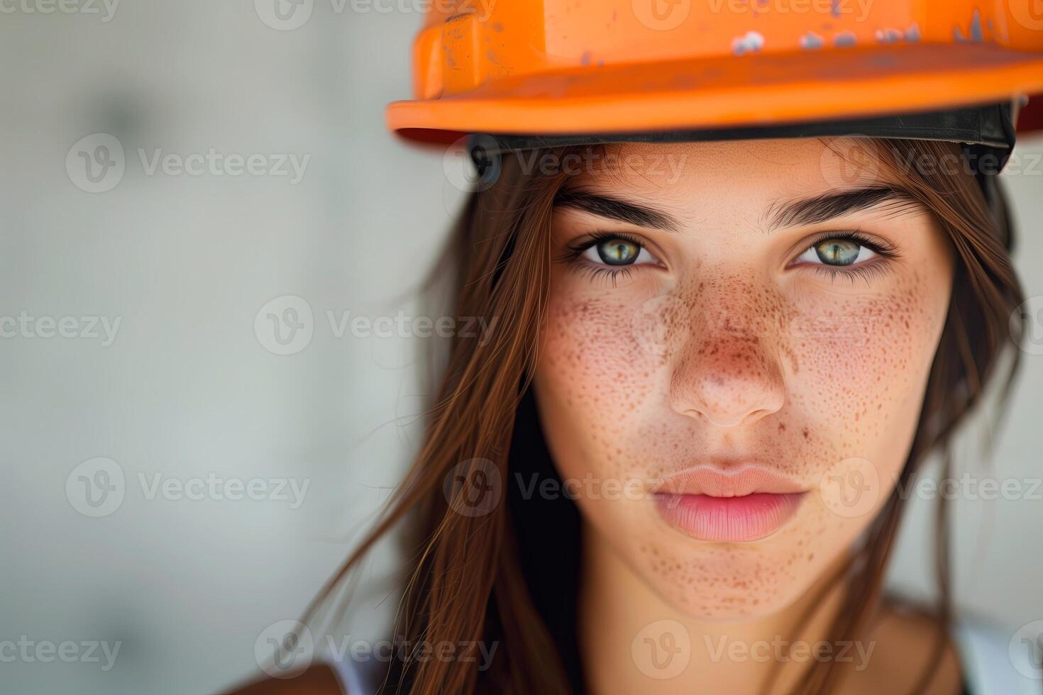 Professional female engineer, architect in hardhat at construction site. Young woman working, safety photo
