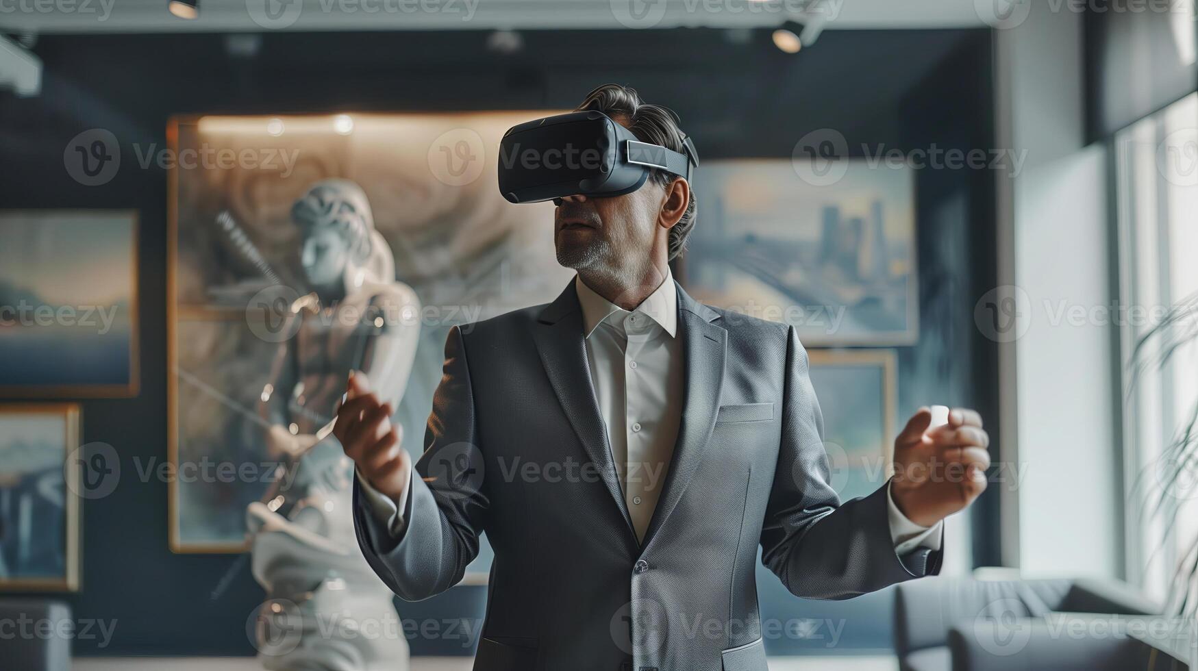Young businessman enjoying virtual reality in office setting. Modern VR headset technology, photo