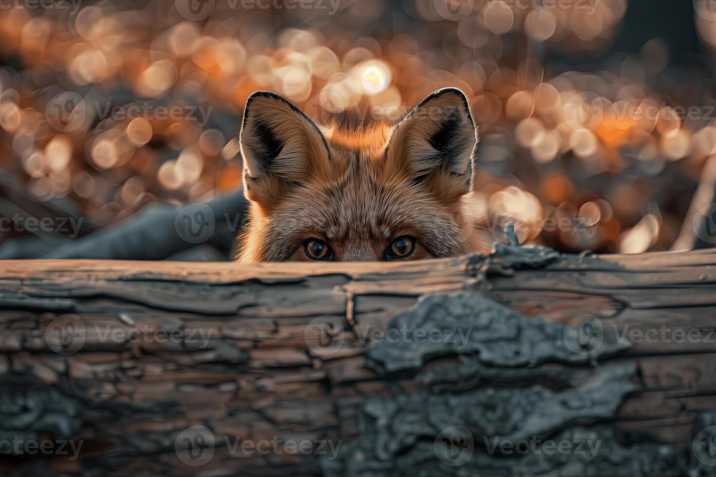 Red fox in snow, wild animal in winter setting. Portrait of furry fox, red and fluffy tail, keen eye photo