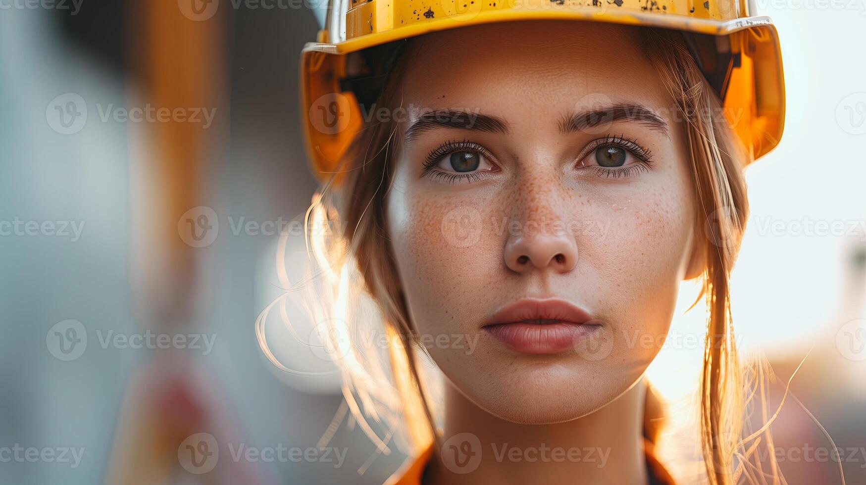 Professional woman in construction, engineer with helmet at building site. Portrait of confident photo