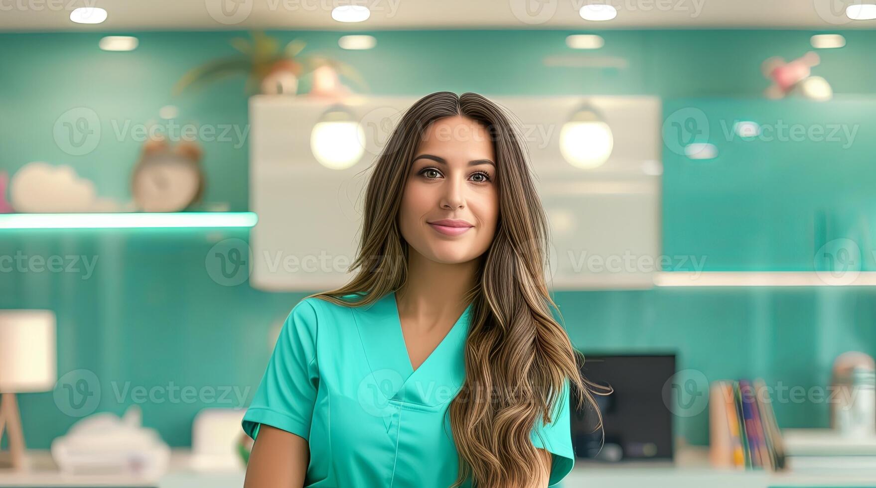 Professional young female doctor, nurse in hospital. Healthcare specialist in uniform, stethoscope photo