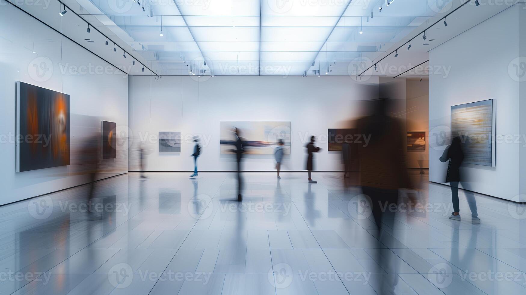 People observing contemporary art pieces displayed in a modern white-walled exhibition hall with photo