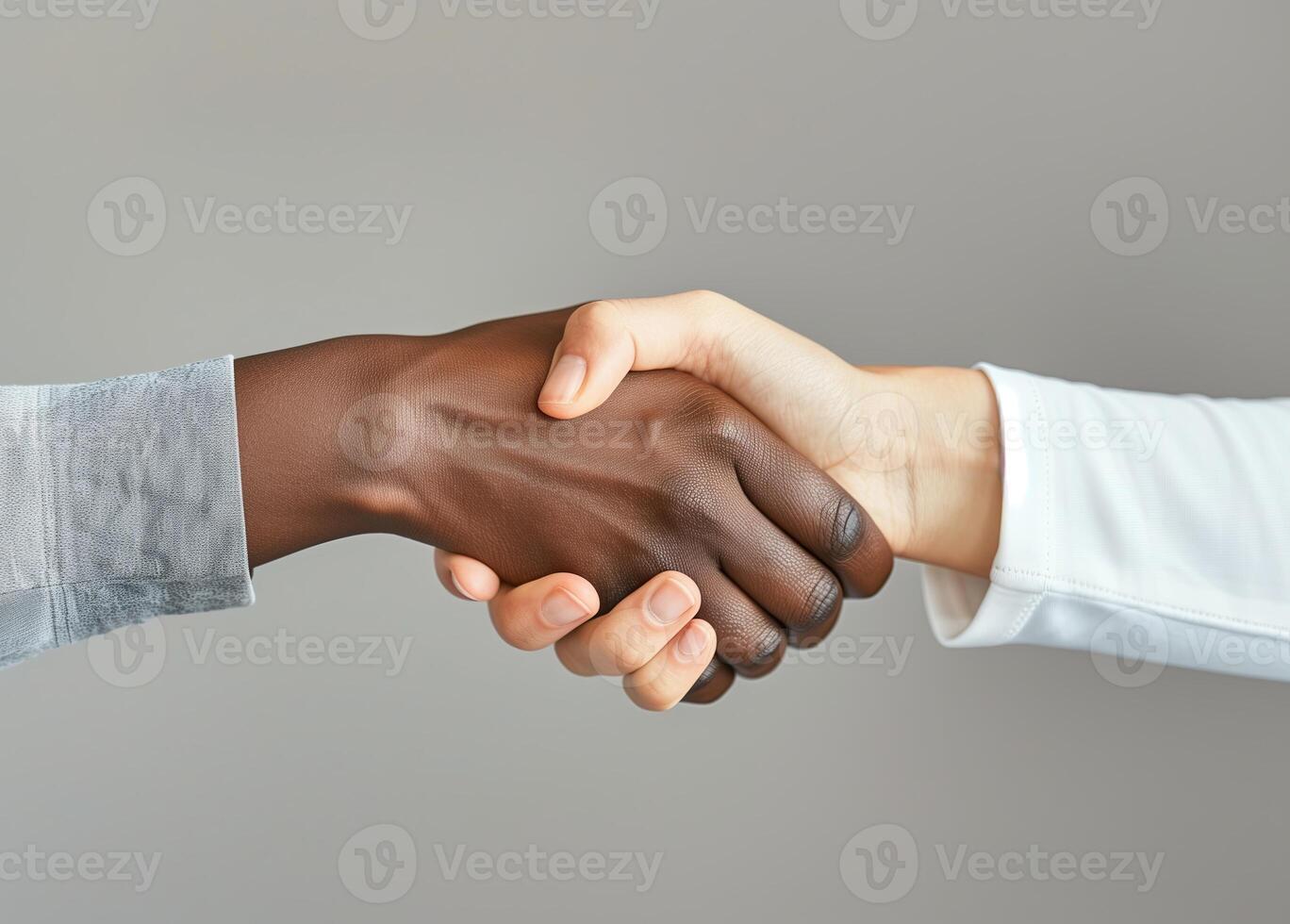 Handshake, multiracial business unity. Caucasian and Black professionals in agreement, embodying photo