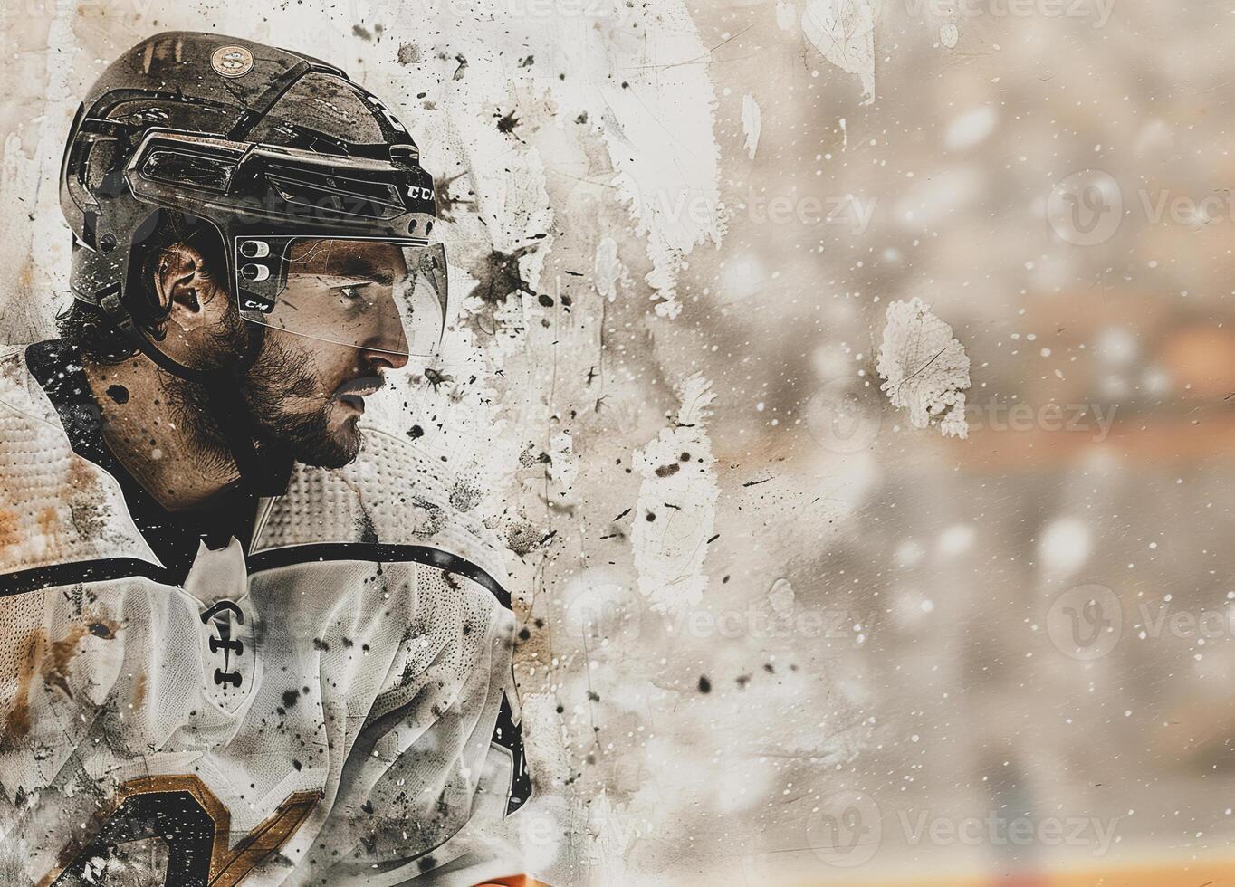 A background with a hockey player standing sideways in a black helmet and white jersey. Background with elements of dirt and dark colors photo