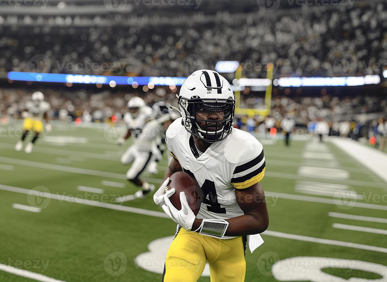 American football players in a white helmet and uniform hold the ball in their hands during a football match photo