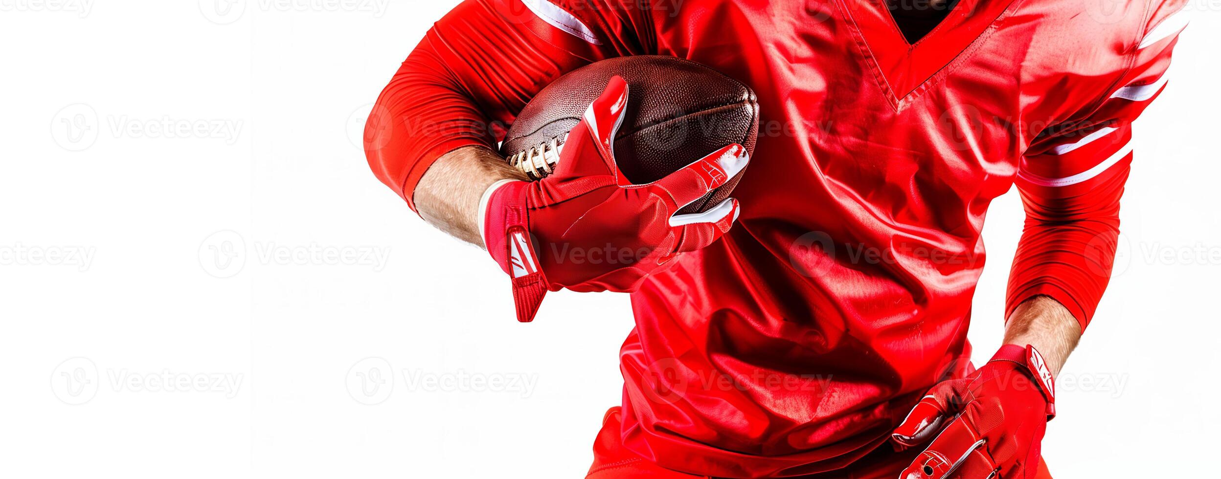 In the frame, the torso and arms of an American football player in a red uniform on a white background. Place for the text on the left photo