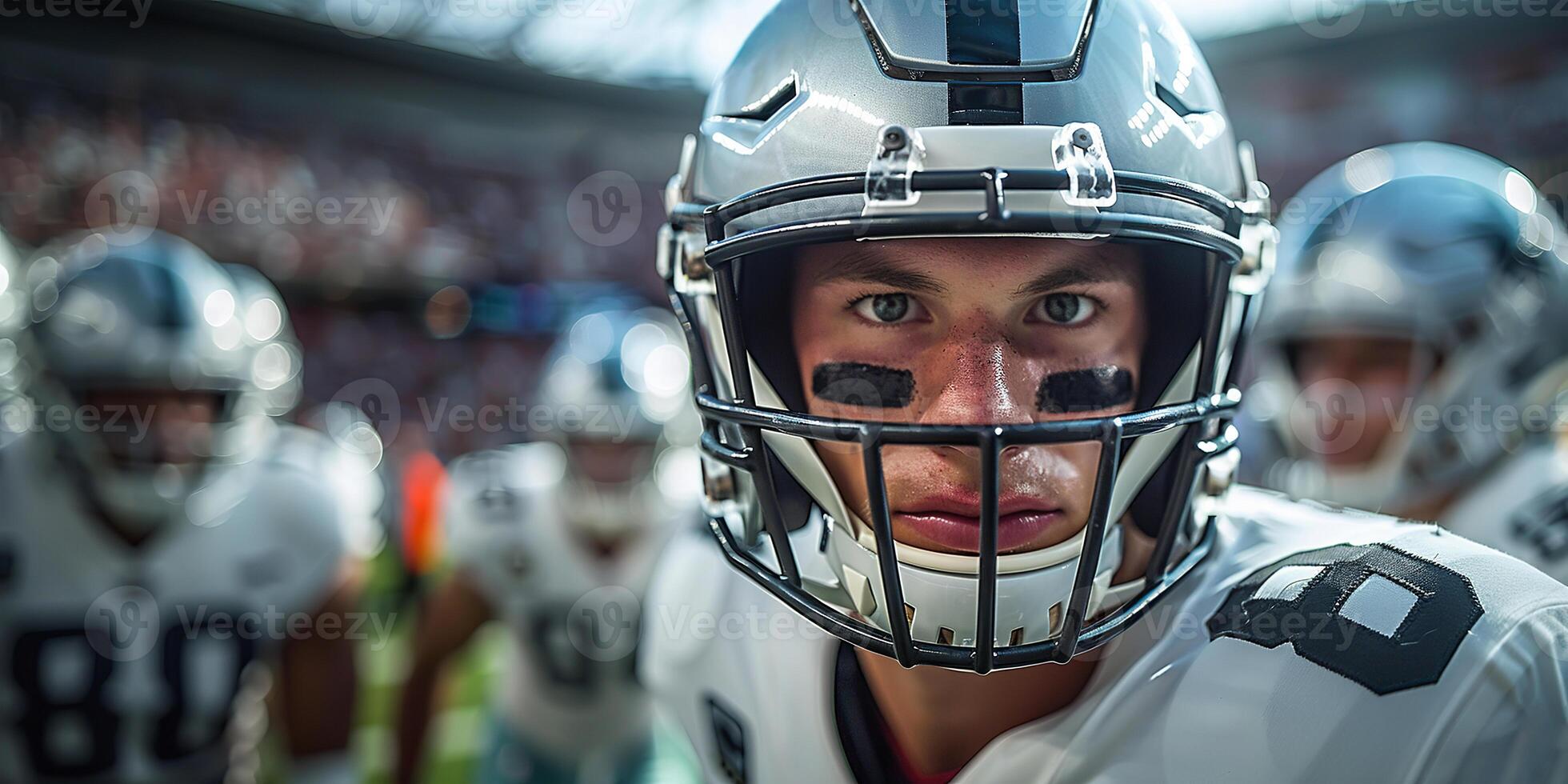 American football player in a gray helmet and white uniform during a football match next to his team in the background. Copy space photo