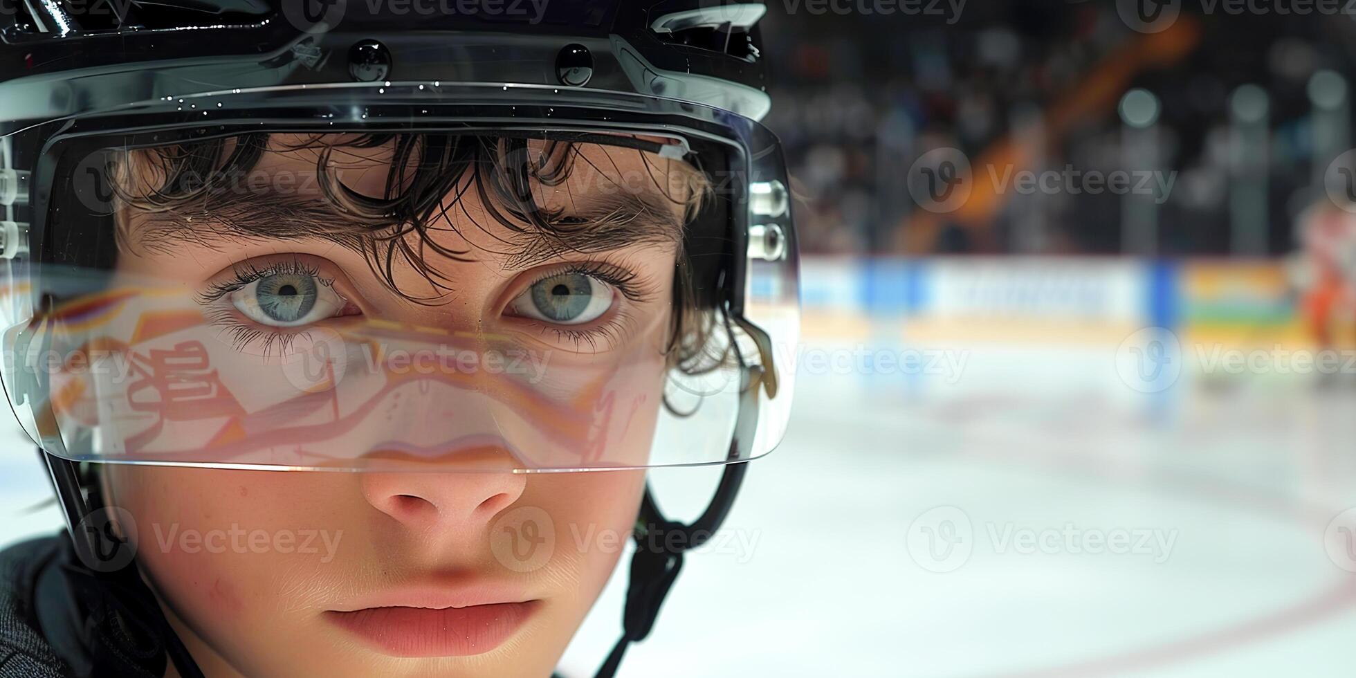 The face of a young hockey player in a black helmet close-up on the right side of the frame photo