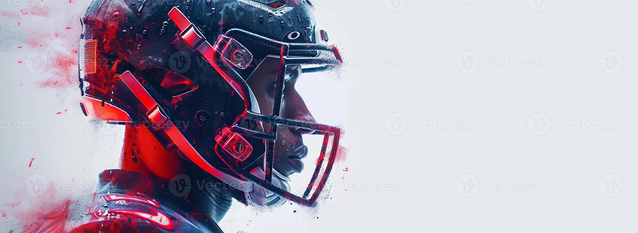 American football player stands sideways in a helmet with a red light behind his back. The effect of scattering into particles photo