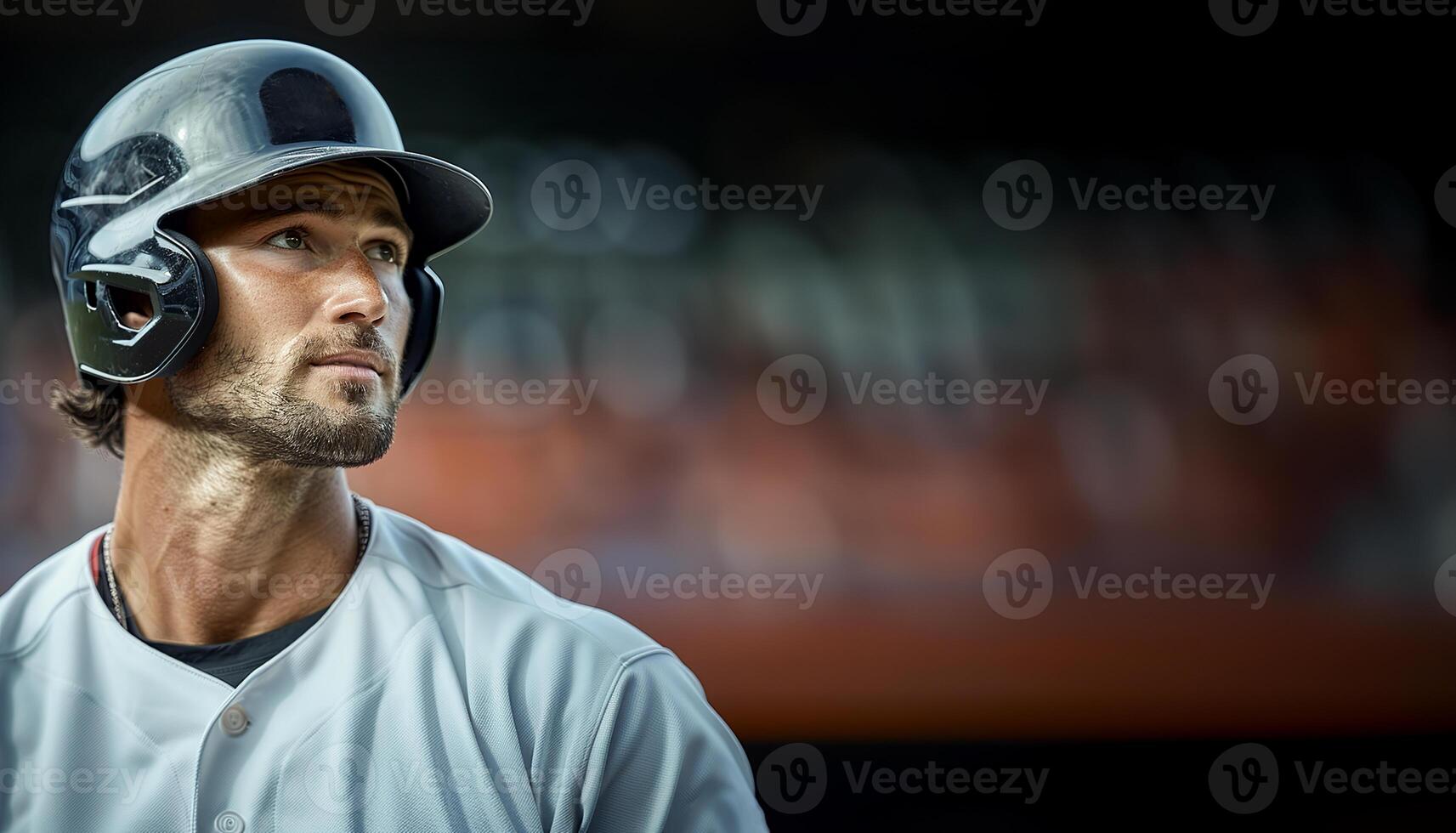 A baseball player in a black helmet stands in the right part of the frame in close-up. Copy space photo