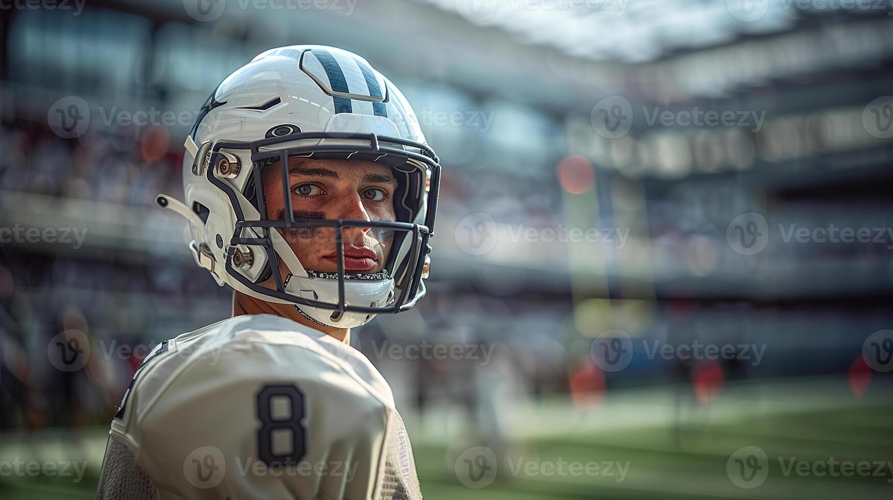 An American football player in a white helmet and uniform stands against the background of a football arena and stands. Copy space photo