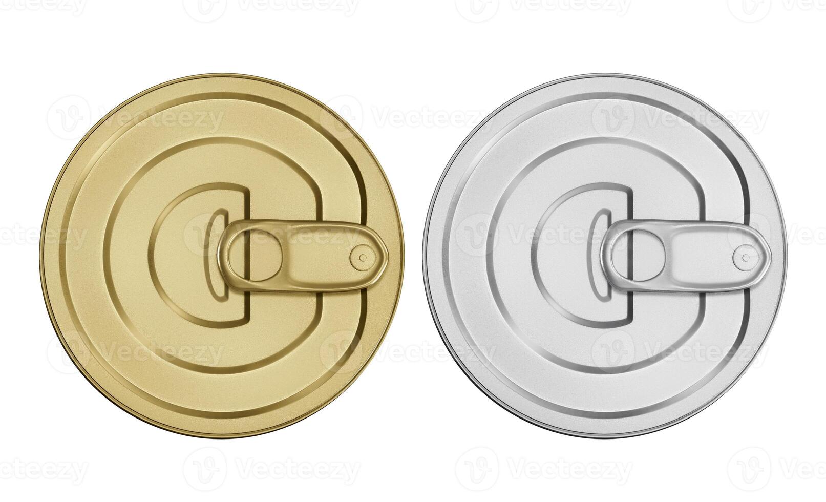 Metal food can. Sealed metal container. round metal lid. Top view conserve on white background photo