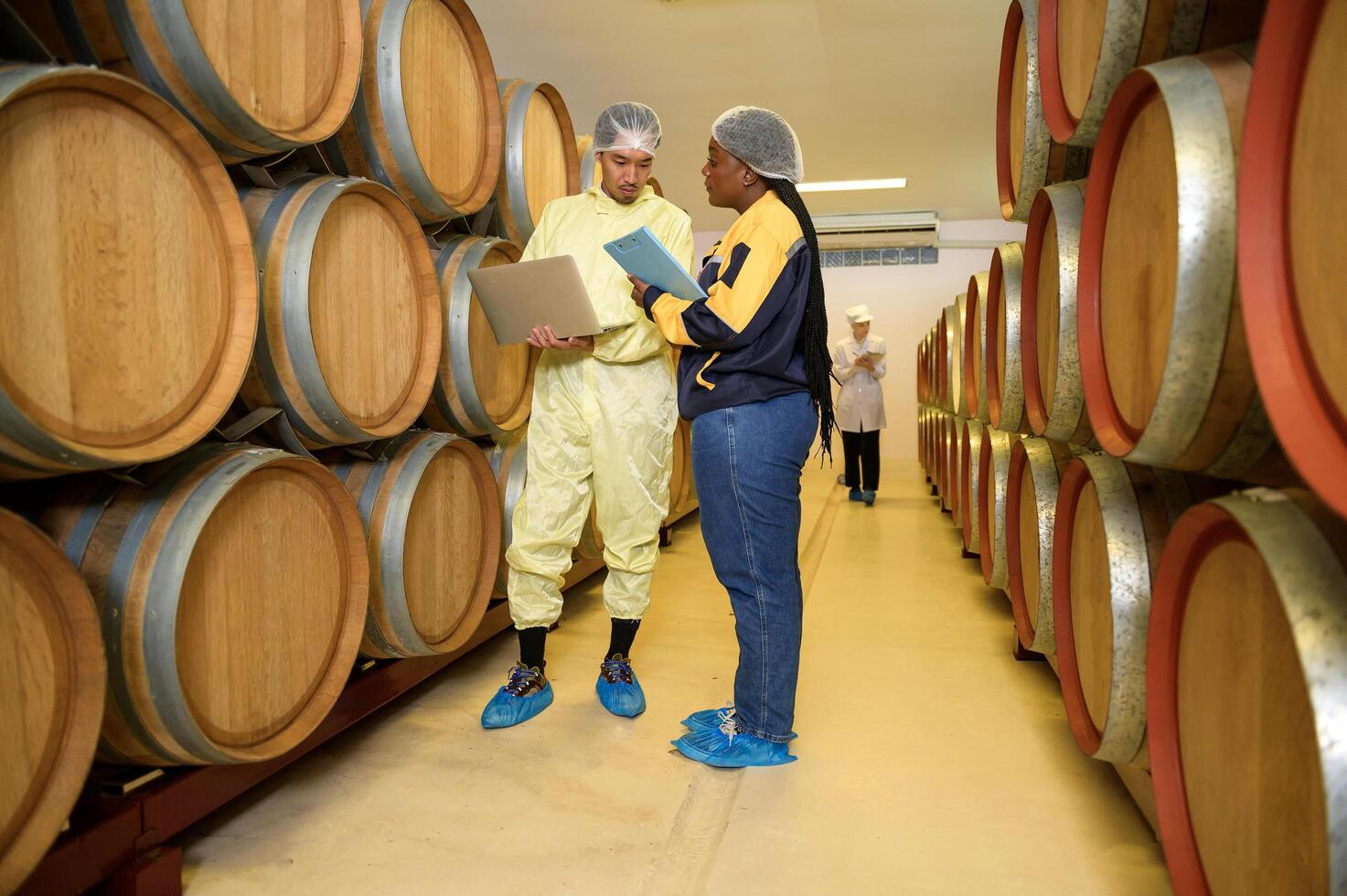 Professional winemaker controlling wine making process and quality at winery factory photo