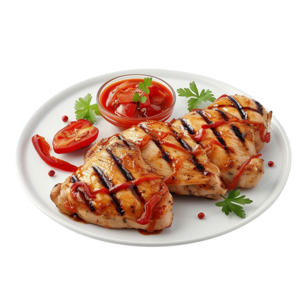 grilled chicken with sauce and garnish on a plate transparent background. png