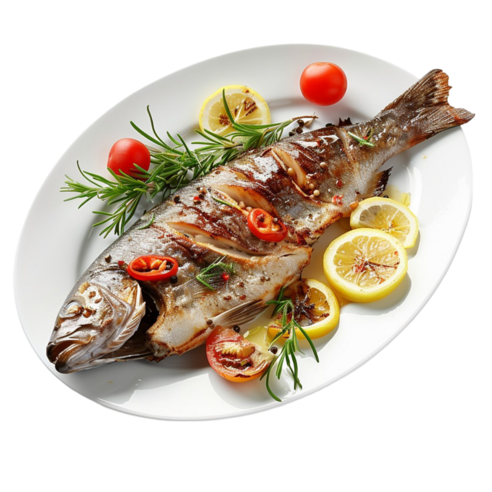 grilled fish on a plate with lemon and tomatoes transparent background. png