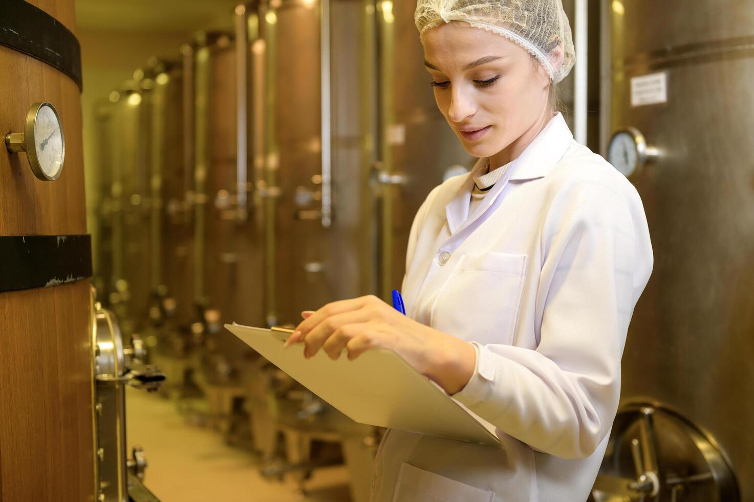 Professional winemaker controlling wine making process and quality at winery factory photo