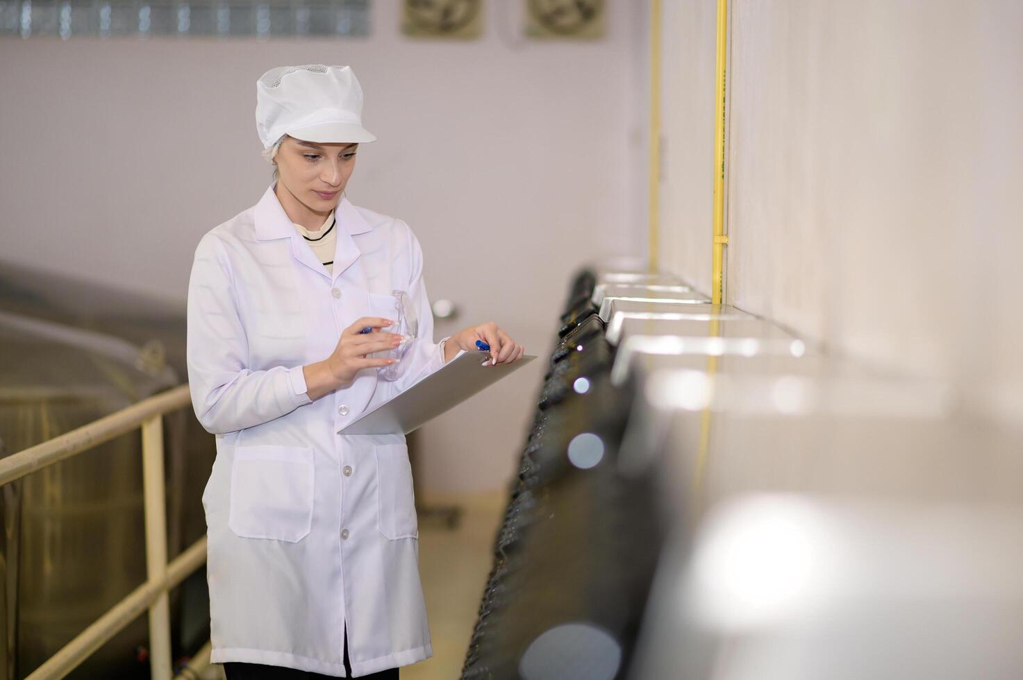 Professional winemaker controlling wine making process and quality at winery factory photo