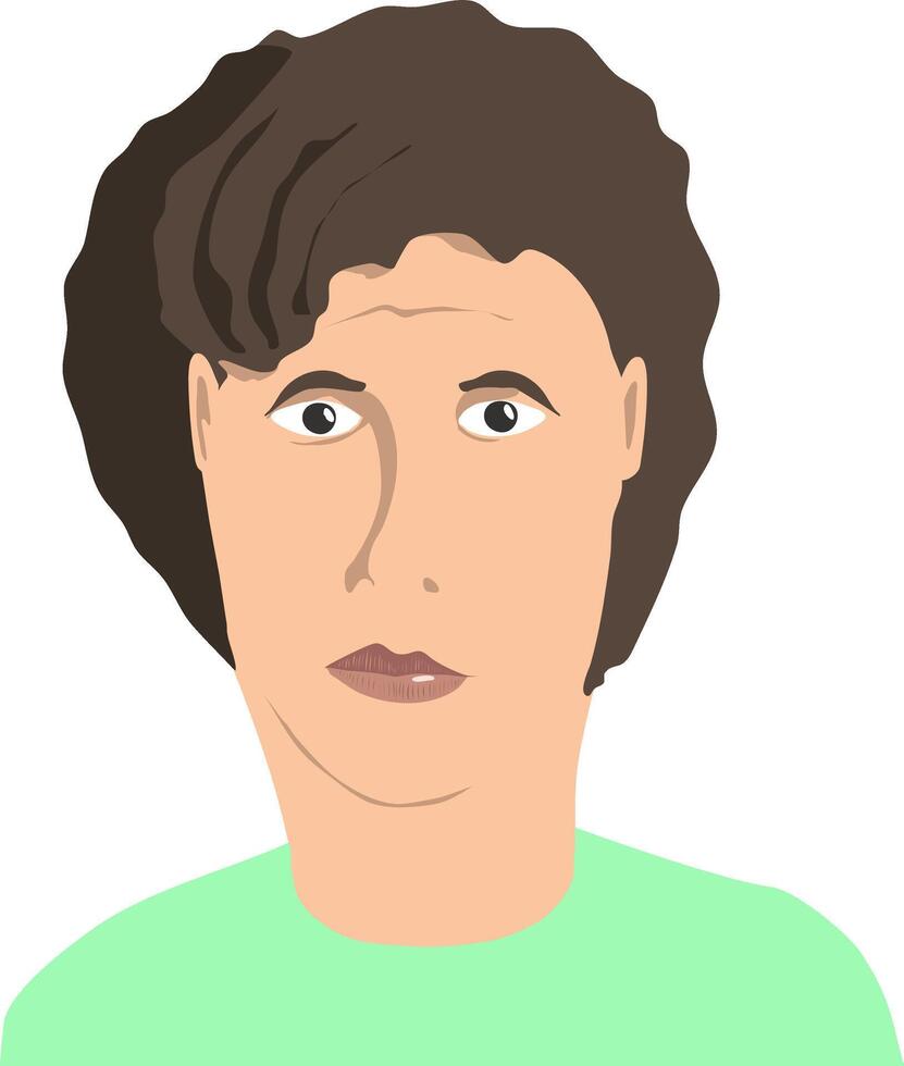 Avatar male transgender with brown hair in a green t-shirt. illustration is a person of pleasant appearance with a trustworthy look. A kind face and a little surprised eyes. Avatar for social vector