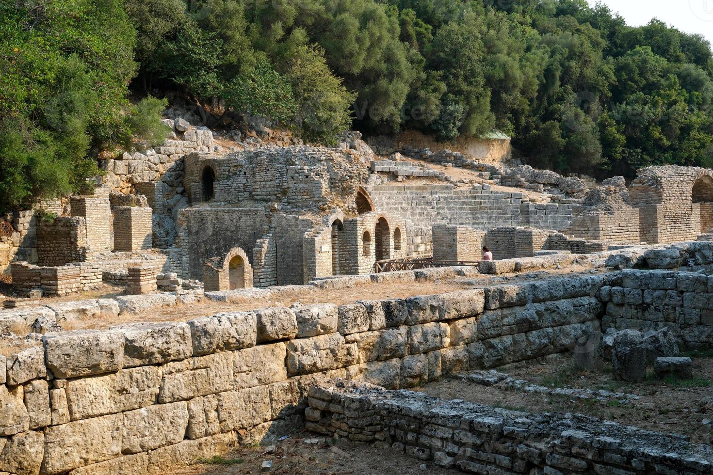 Ruins of the Great Basilica in Butrint National Park, Buthrotum, Albania. Triconch Palace at Butrint Life and death of an ancient Roman house Historical medieval Venetian Tower surrounded photo