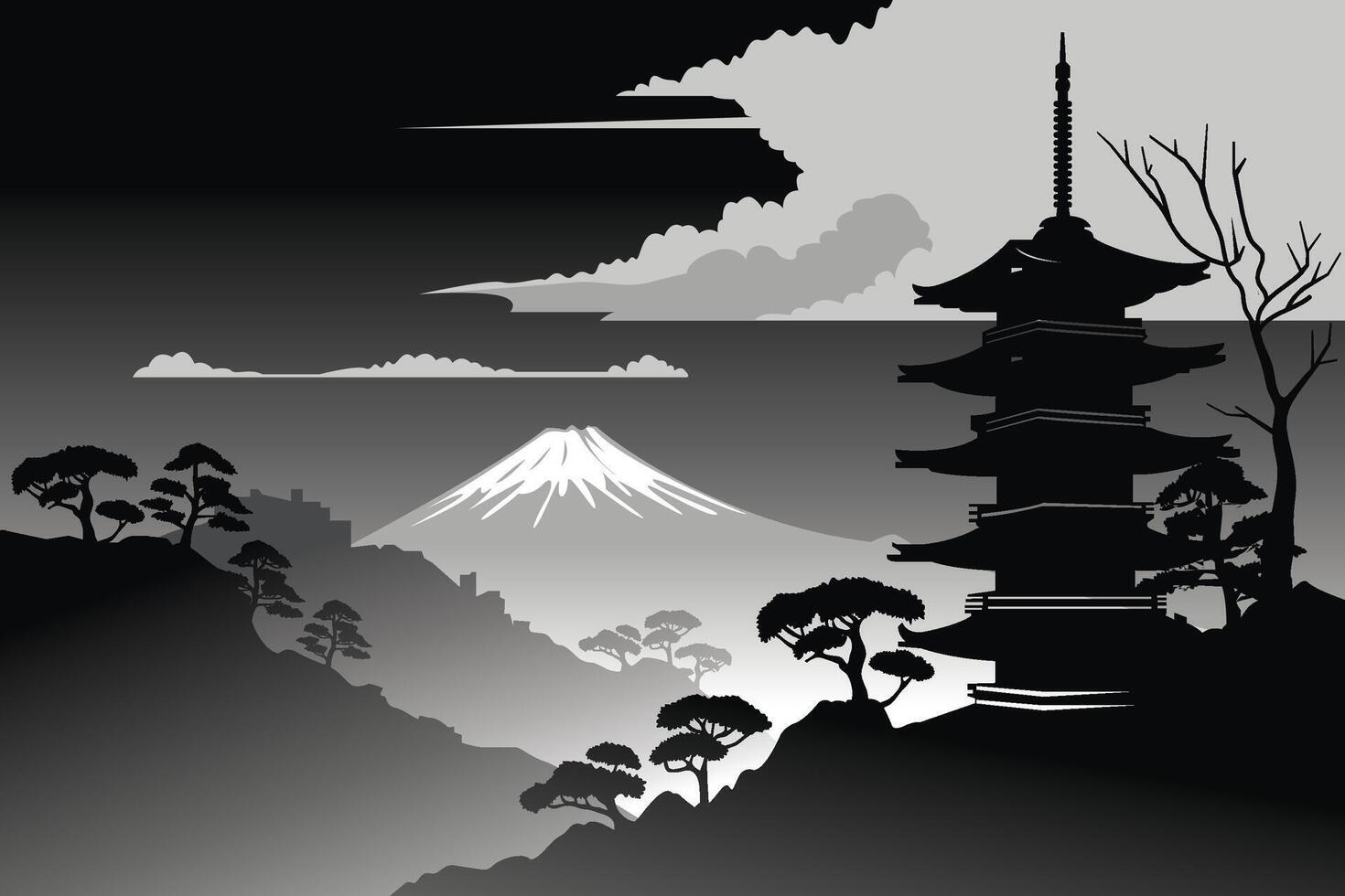 Silhouette iconic japan black and white.Japanese temple ,hill,and trees with mount Fuji.Illustration background vector