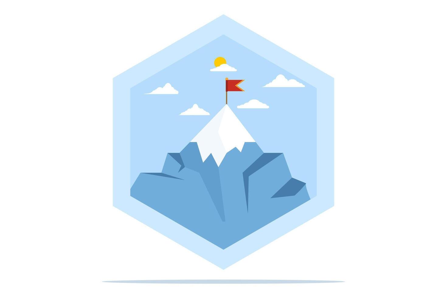 Mountains with a flag on it, leadership emblem concept, achievement success, success reaching the top of career or business, mission symbol, mountain climbing, flat illustration on background. vector