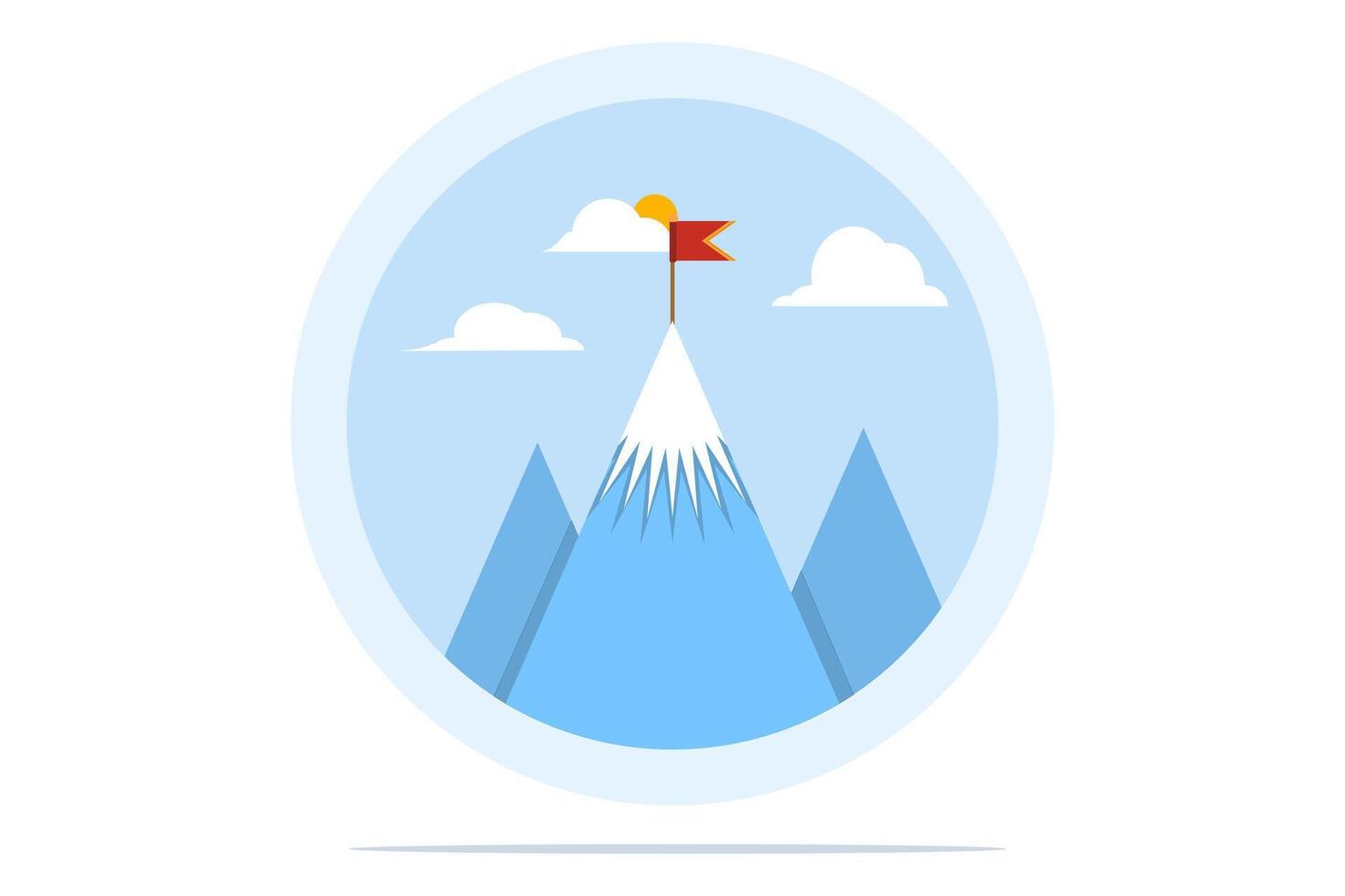 Mountains with a flag on it, leadership emblem concept, achievement success, success reaching the top of career or business, mission symbol, mountain climbing, flat illustration on background. vector