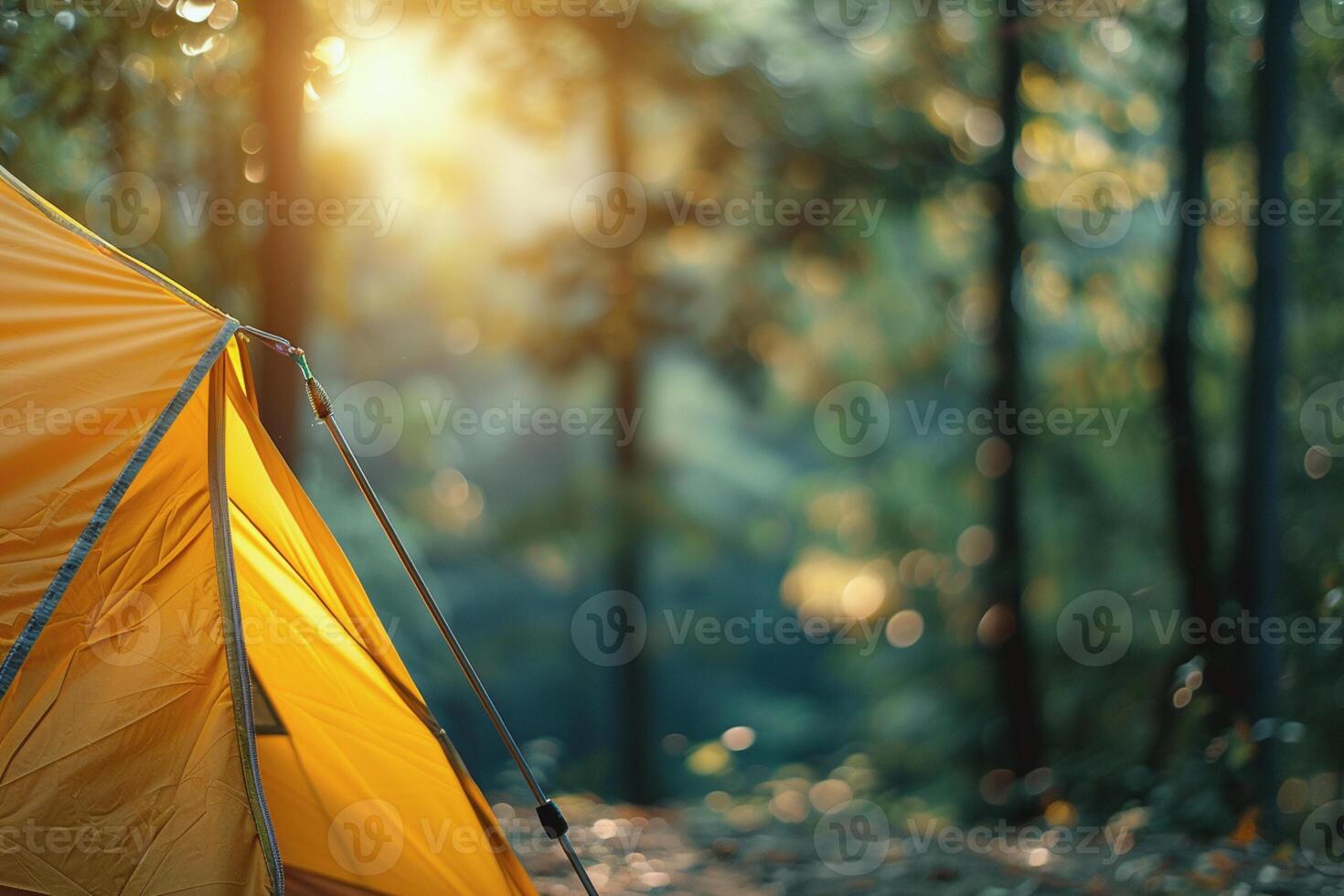 Close-up view of camping background with blurred forest background and tent. outdoor nature background, Generated AI photo
