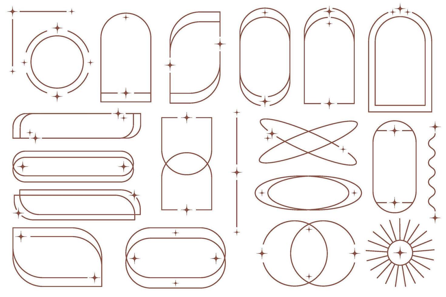 Outline frames with stars. Aesthetic border elements. Minimal graphic arch shapes. Y2k modern simple abstract figures with sparkles. Trendy geometric stickers set. Cosmic linear collection vector