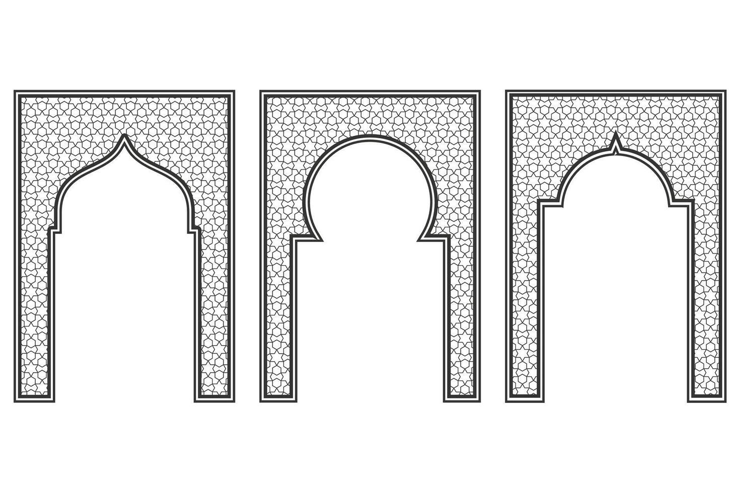 Islamic frame with arch and ornament. Ramadan gate on geometric background for wedding invitation design. Oriental decorations set. vector