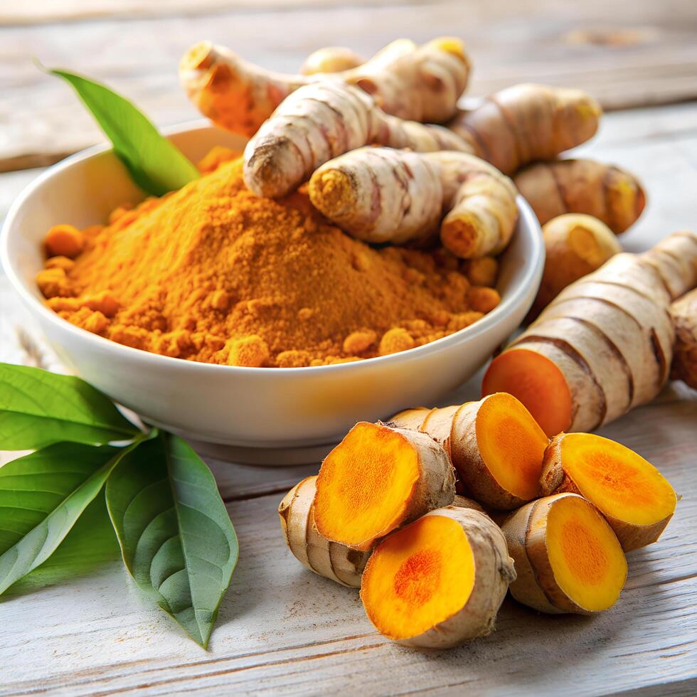Turmeric roots, Curcuma longa on wooden table, top view fresh organic curcumin spice and blurred background of turmeric powder in white bowl photo