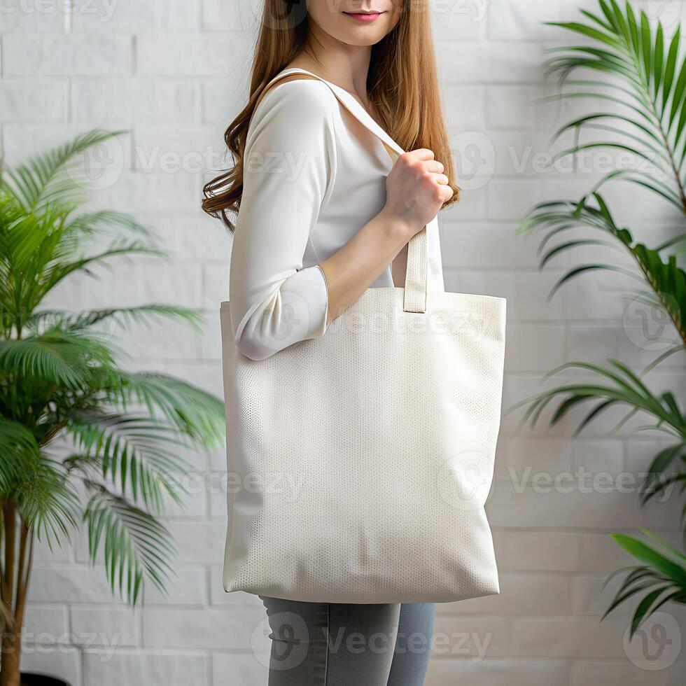Tote bag mockup. Woman carrying reusable white totebag photo